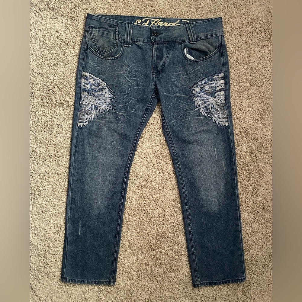 Ed Hardy Christian Audigier Y2K Baggy Jeans Men's 38x34 Blue Rhinestones Tigers